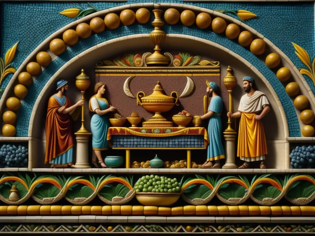 Influencia de celebraciones en cocina: Detalle de banquete romano en mosaico antiguo