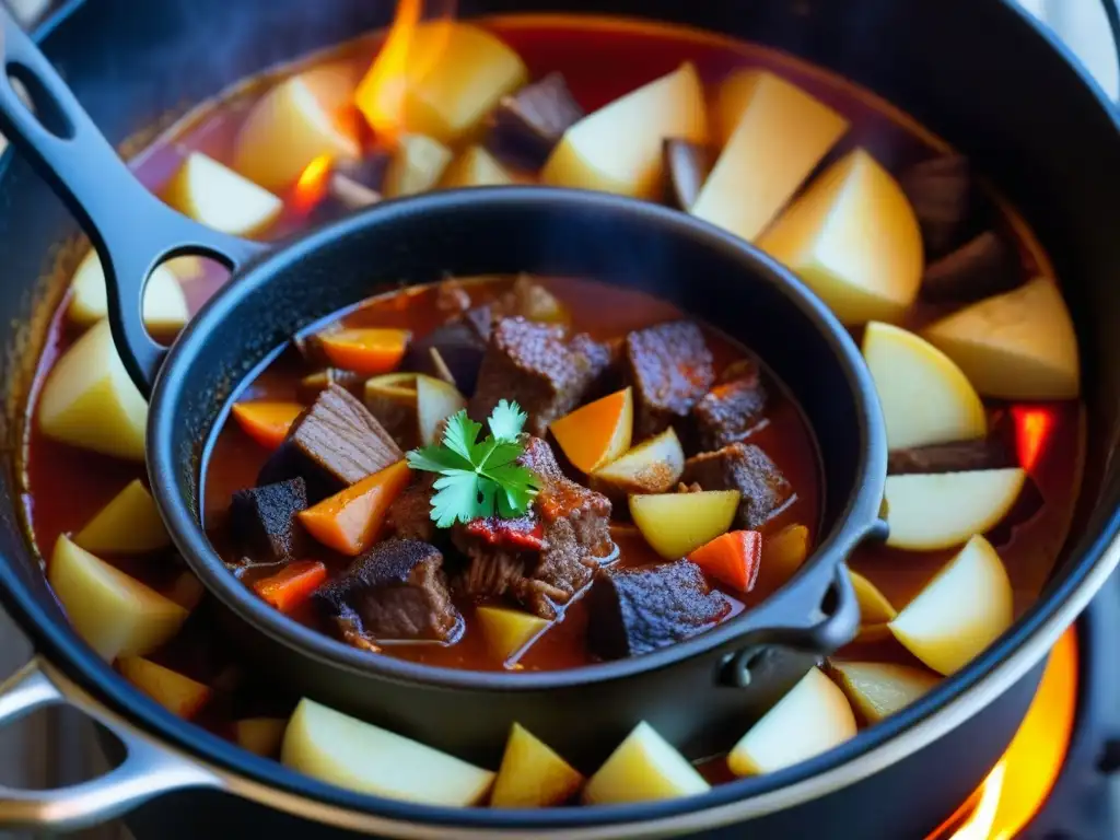 Influencia húngara en cocina austrohúngara: Detalle de un guiso húngaro tradicional cocinándose lentamente sobre fuego abierto