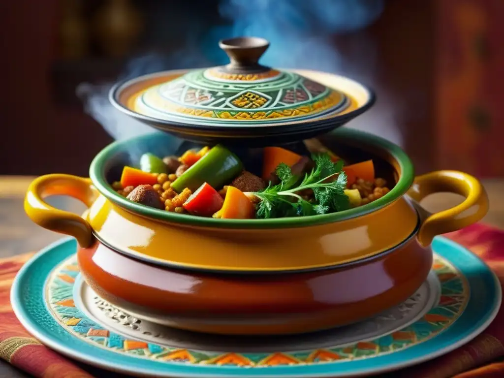 Influencia árabe en la cocina mediterránea: Detalle de un tagine marroquí tradicional en la estufa, con colores vibrantes y aroma tentador