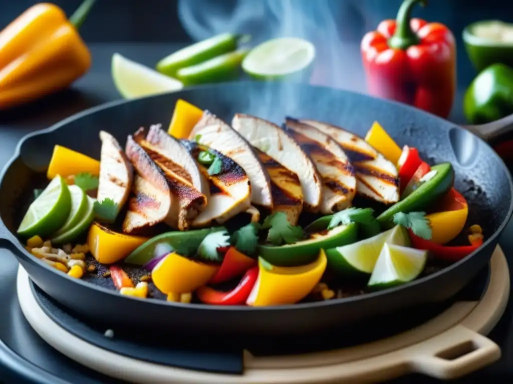 Deléitate con la influencia de la cocina TexMex en una sartén de hierro fundido, donde sizzling fajitas cocinan a la perfección