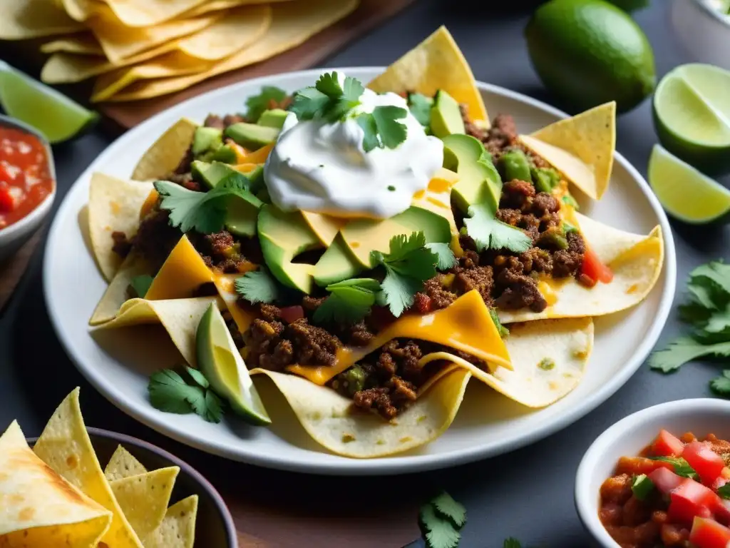 Deléitate con la influencia de la cocina TexMex en estos nachos cargados, un festín de sabores y colores que representa la gastronomía global