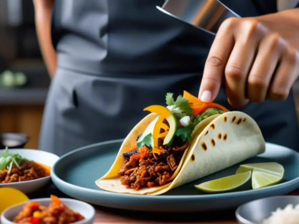 Influencia Coreana en Cocina Peruana: Chef experto preparando un vibrante taco de kimchi en cocina peruana contemporánea