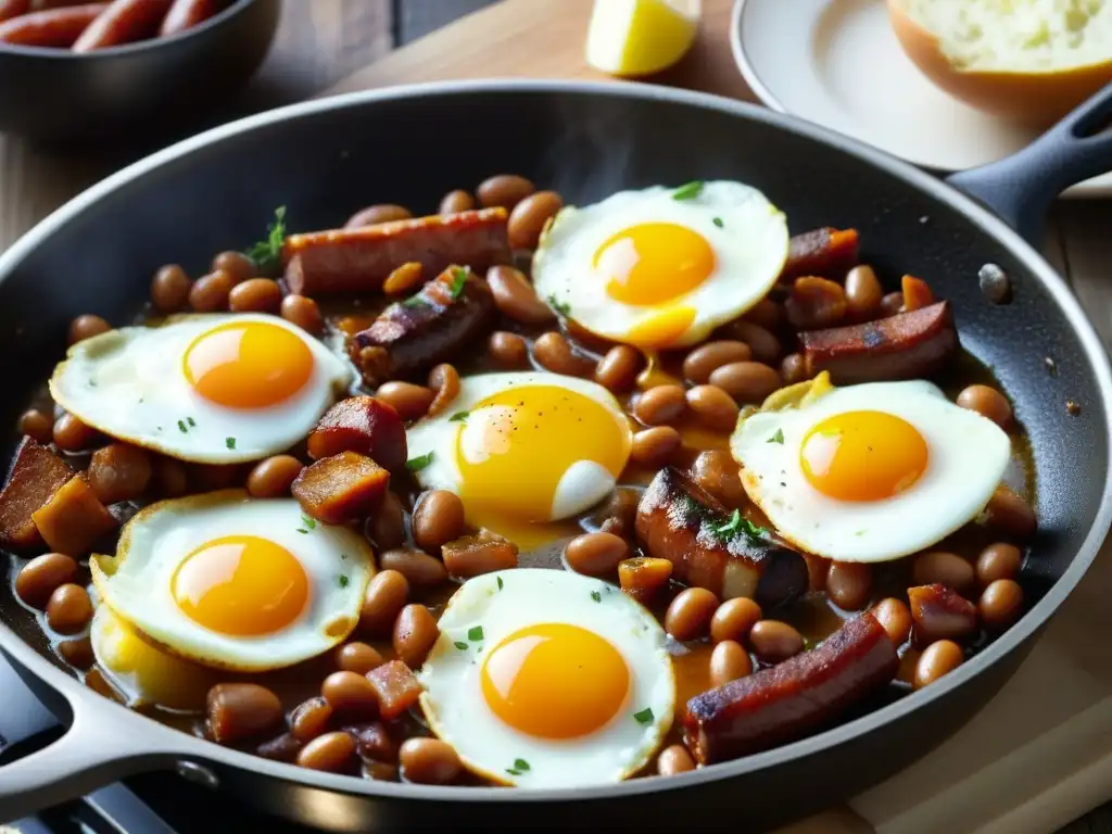 Influencia cultural del Full English Breakfast: Una sartén con ingredientes cocinándose para un desayuno completo