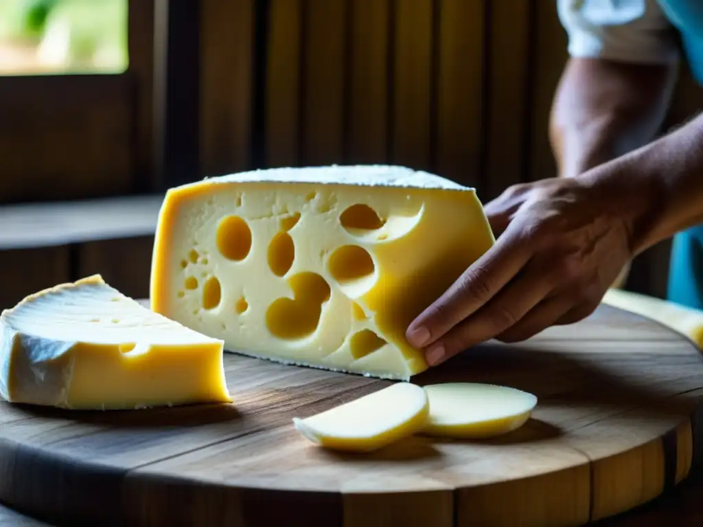 Influencia europea en producción quesera: Un maestro quesero en una granja tradicional sudamericana moldeando queso artesanal con destreza