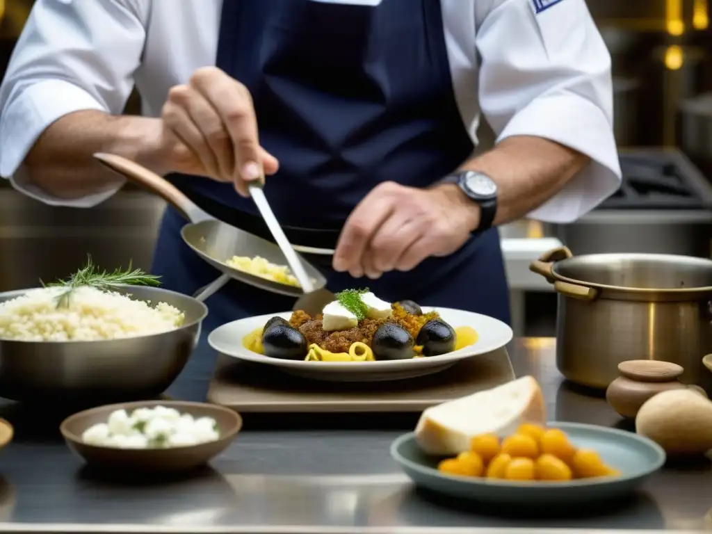 Influencia griega cocina Bizantina: Chef moderno preparando plato tradicional con utensilios antiguos