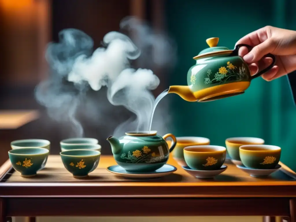 Influencia histórica del té en recetas: Detalle de una ceremonia china del té, con elegantes teteras y tazas de porcelana