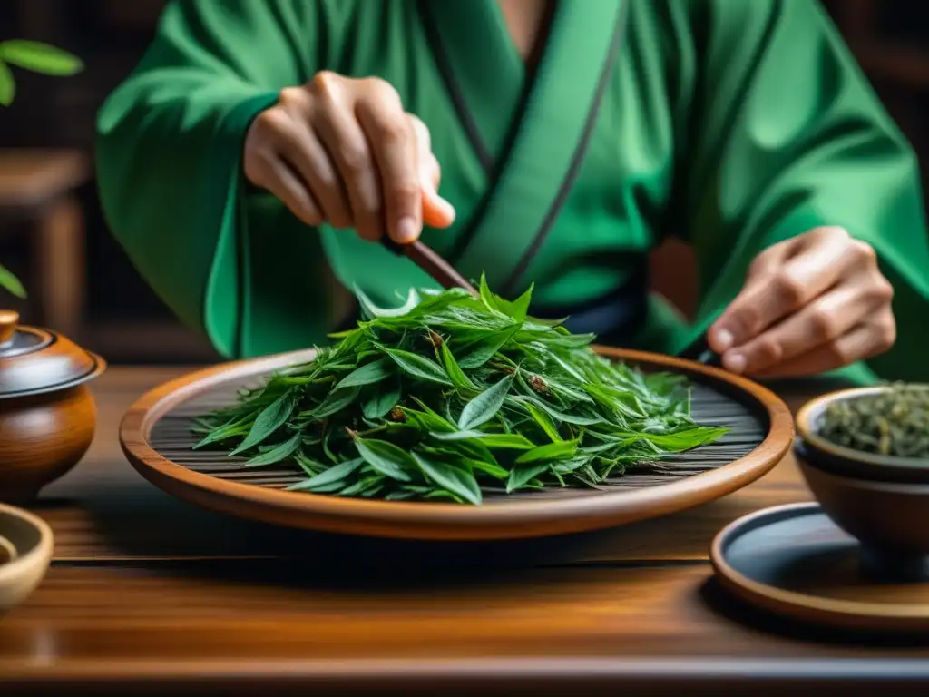 Influencia histórica del té en recetas: Detalle de la delicada ceremonia china de enrollar hojas de té a mano