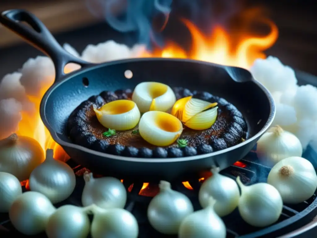 Influencia de la industria en la cocina tradicional europea: Detalle de sartén de hierro negro con cebollas y ajo caramelizándose