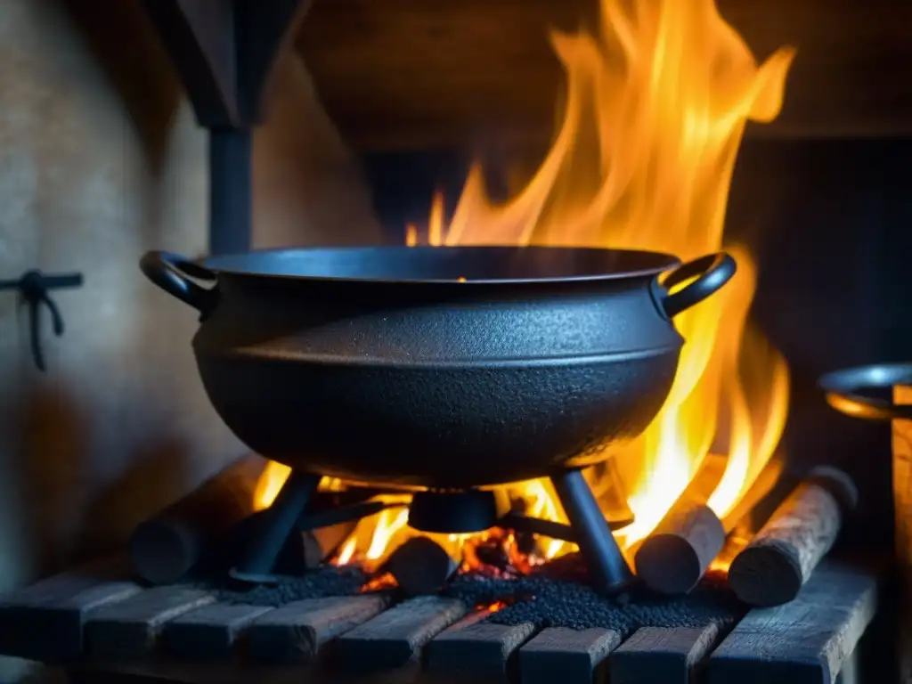 Influencia industrial en la cocina tradicional europea: caldero de hierro sobre fuego crepitante en cocina rústica