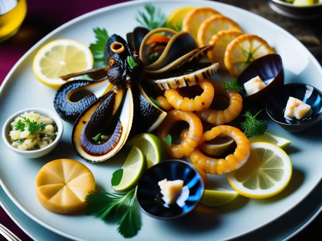 Influencia mariscos imperios históricos: Placer visual de antiguos manjares del mar en plato elaborado y colorido