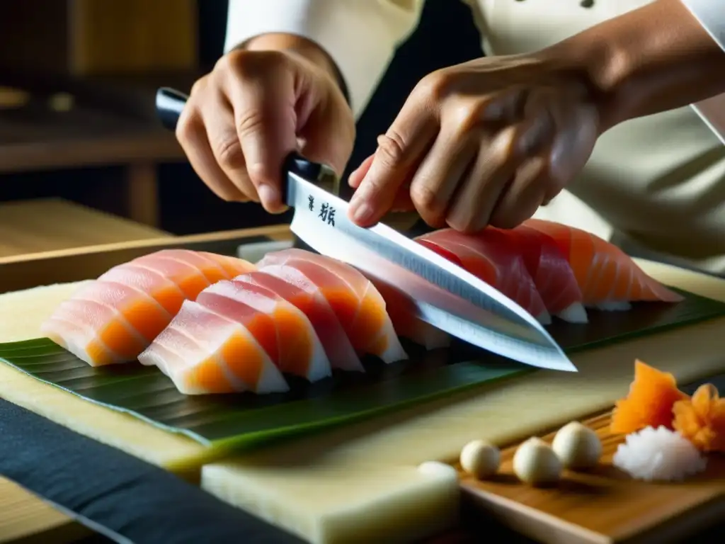 Influencia gastronomía Era Meiji: Chef japonés cortando sashimi con precisión y detalle