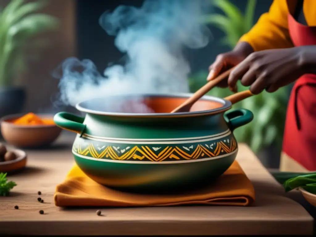 Influencia de la modernidad en la cocina africana: Olla de barro africana con vibrante guiso tradicional y aromático