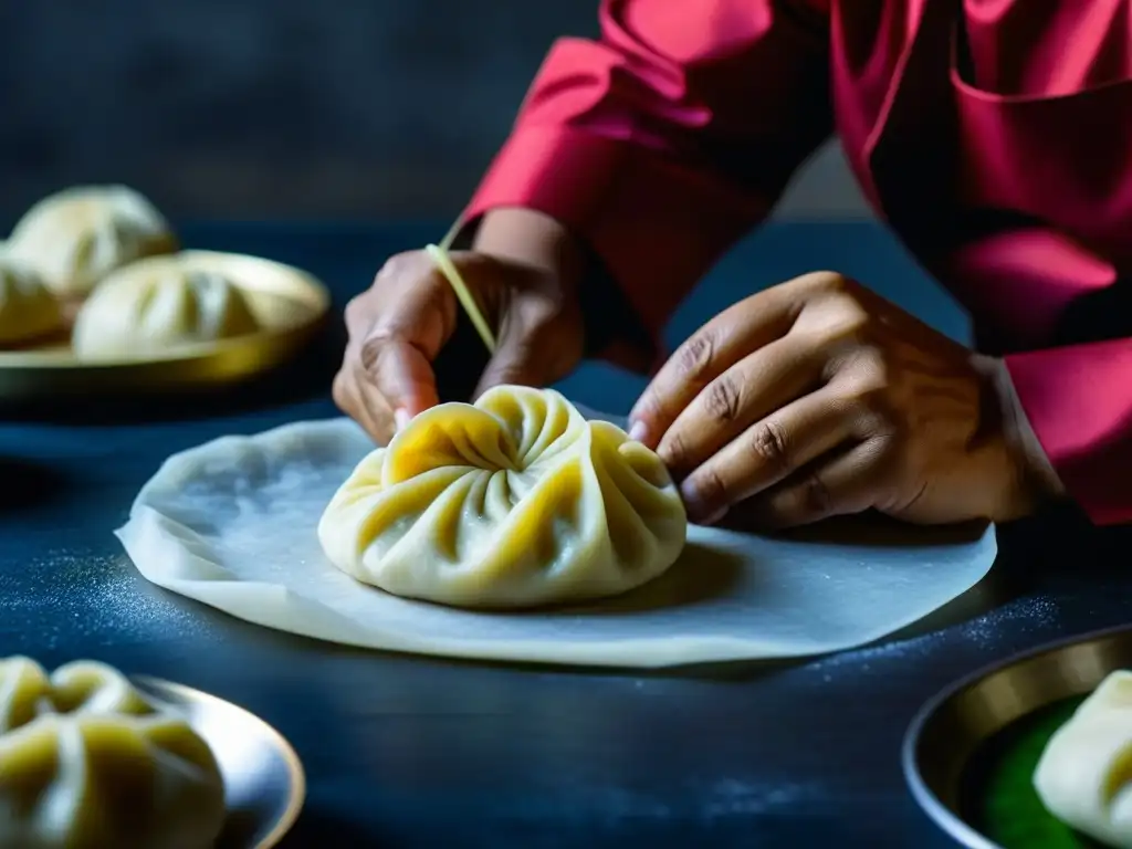 Influencia mongol en la cocina india: Chef preparando momos con relleno mongol, fusionando técnicas culinarias