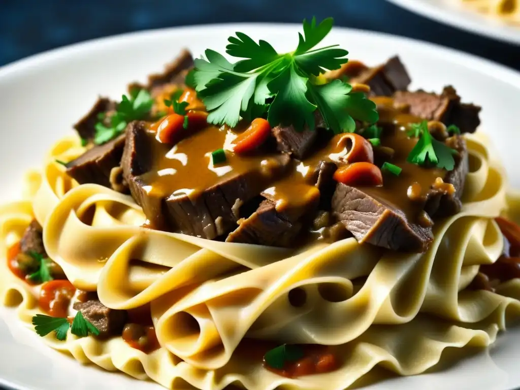 Influencia mongola en la cocina rusa: Detalle de Beef Stroganoff con tiernas capas de carne en salsa cremosa y champiñones