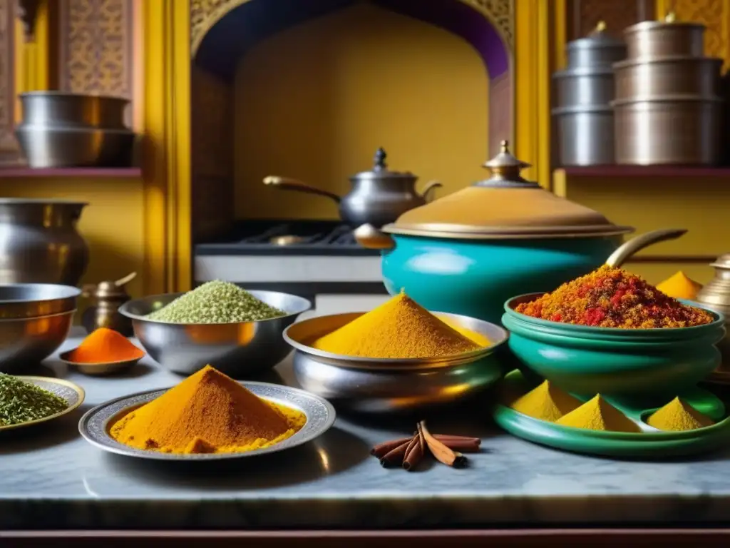 Influencia de la gastronomía mughal en un palacio detalladamente decorado con especias vibrantes y chef preparando un plato tradicional