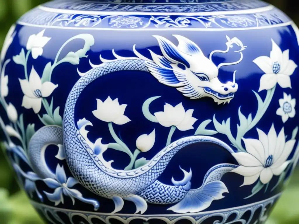 Influencia de la Ruta de la Seda en la cerámica antigua: Detalle de un jarrón de porcelana con diseños en azul y blanco