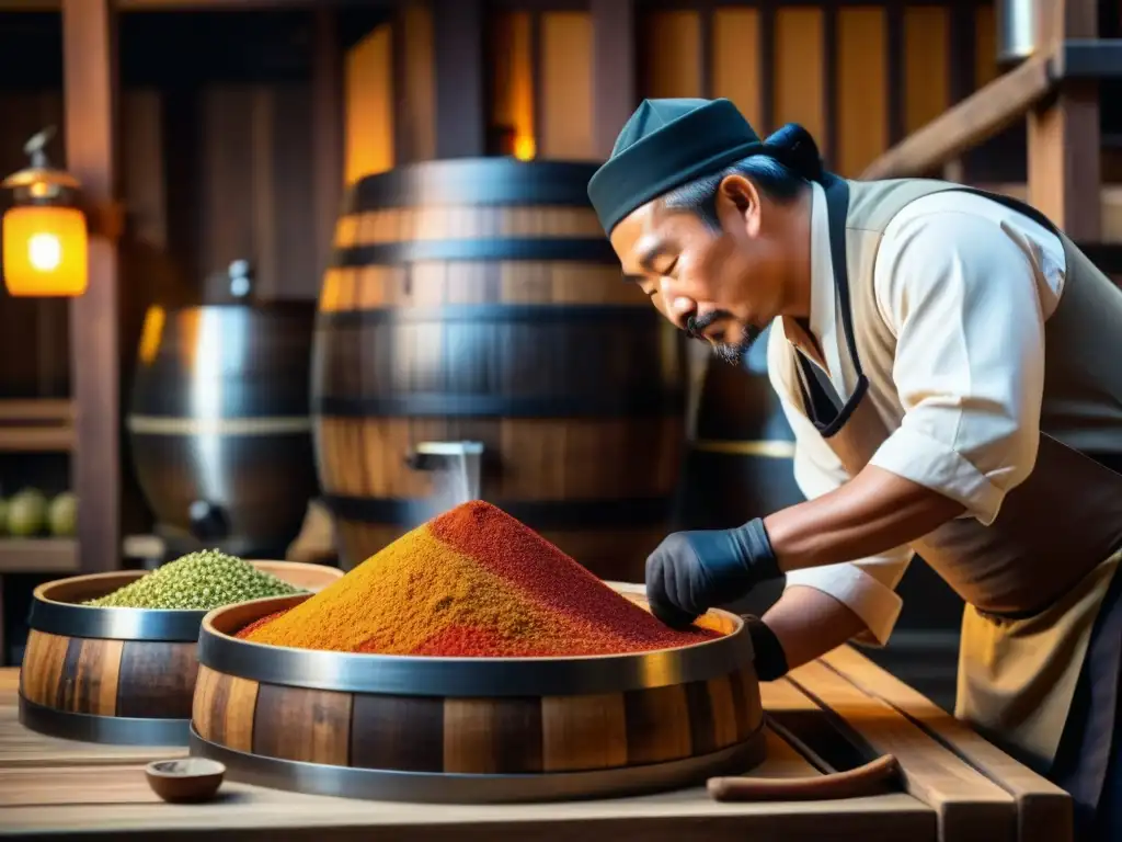 Influencia de la ruta de la seda en la cerveza: Maestro cervecero vierte líquido burbujeante en barriles de madera rodeado de especias y ingredientes