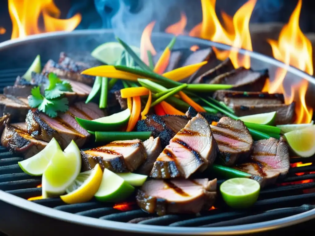 Influencia gastronomía mongola en la Ruta de la Seda: Grill de barbacoa mongola con ingredientes coloridos y aromáticos, llamas danzantes