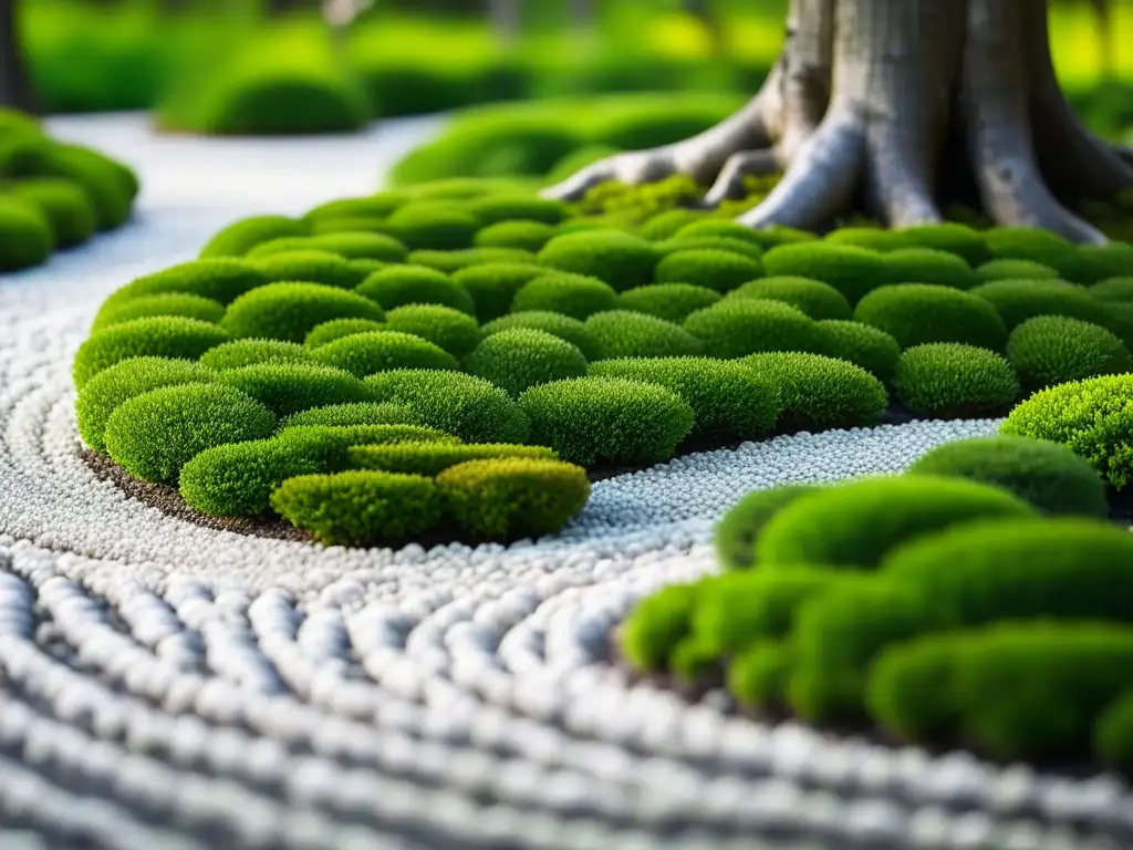 Influencia Zen en técnicas culinarias Japonesas: jardín Zen japonés con grava, rocas y musgo bajo la luz suave