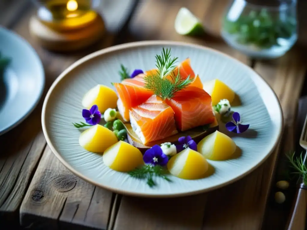 Influencias extranjeras en la cocina escandinava: Platos delicados con salmón ahumado y arenque en una mesa rústica de madera