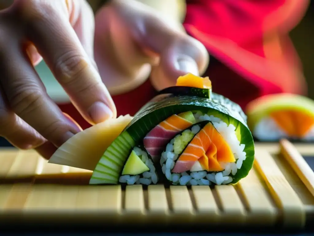 Influencias gastronomía japonesa Era Meiji: Detalle de manos expertas creando un sushi delicado y colorido, reflejo de arte y precisión japonesa