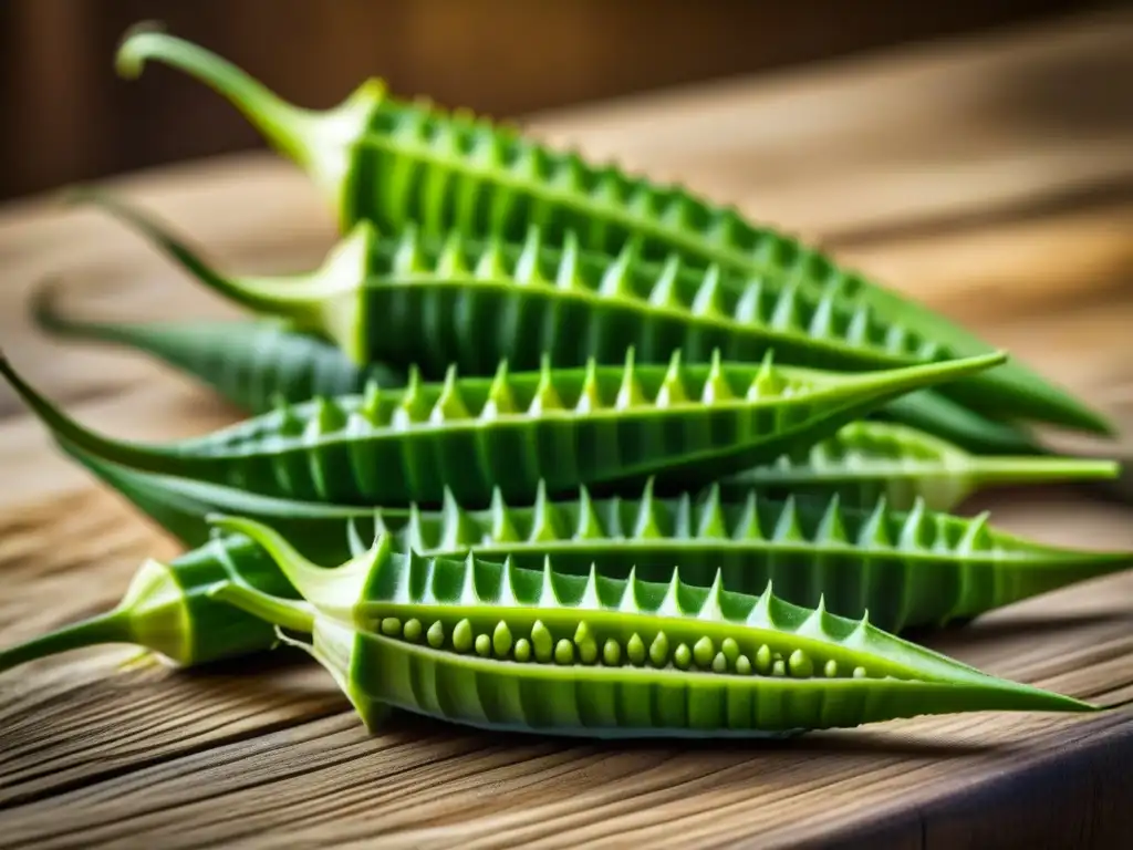 Ingredientes africanos en la cocina caribeña: Detalle vibrante de okras recién cosechadas sobre mesa rústica