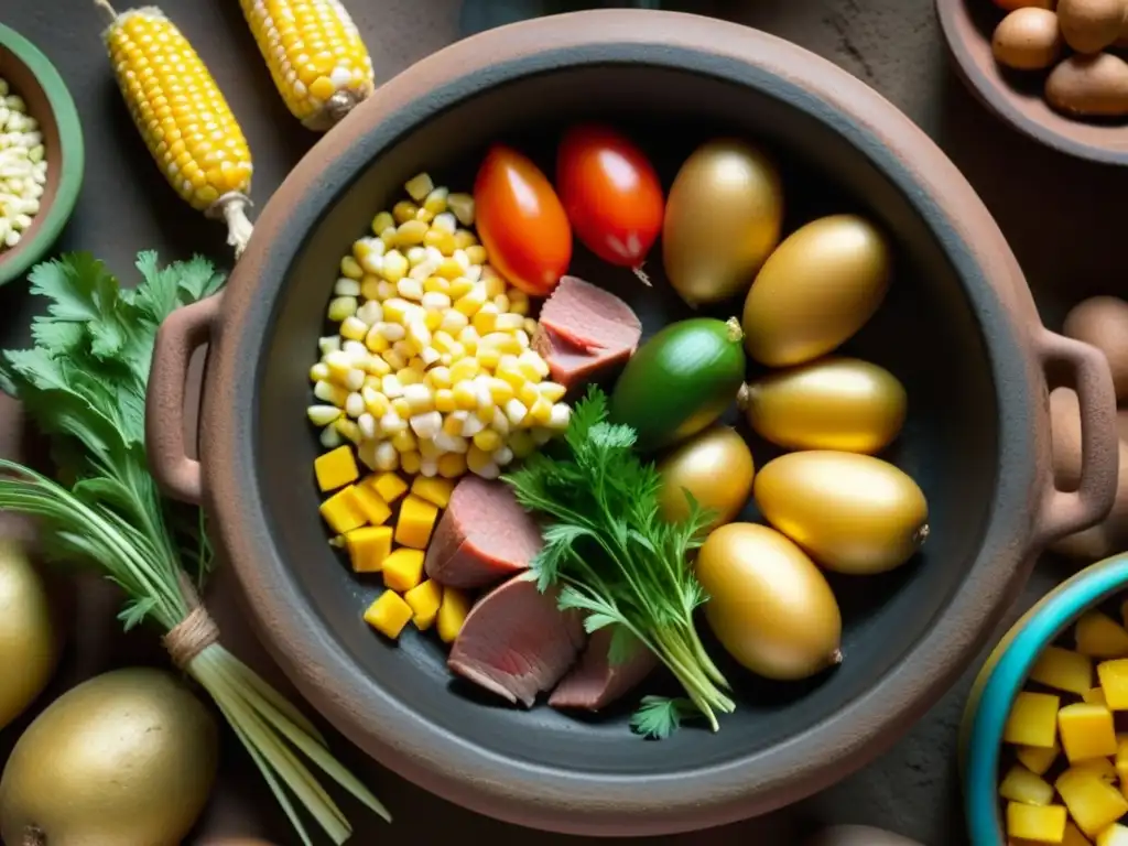 Preparación de Pachamanca con ingredientes coloridos en olla de barro, recetas históricas culturas épocas Andes