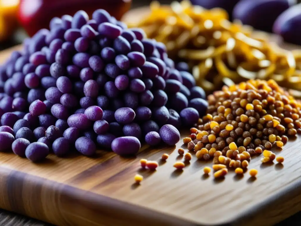 Ingredientes incas en cocina moderna: Detalles vibrantes de mashua morada, oca dorada y quinoa roja en tabla rústica