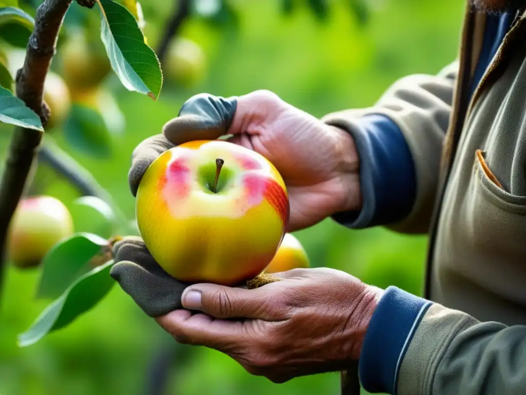 Un inmigrante selecciona con cuidado manzanas doradas en un huerto de Patagonia, evocando la historia de la sidra