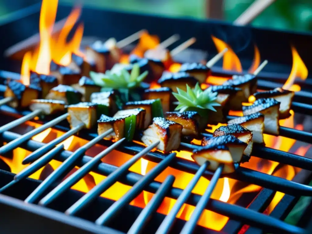 'Intenso brillo rojo de parrilla japonesa tradicional con Yakitori caramelizándose sobre brasas