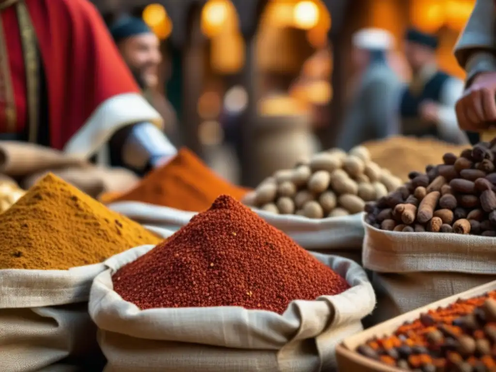 Intenso comercio de especias en mercado medieval: colores vibrantes, detalles exóticos y negociaciones animadas