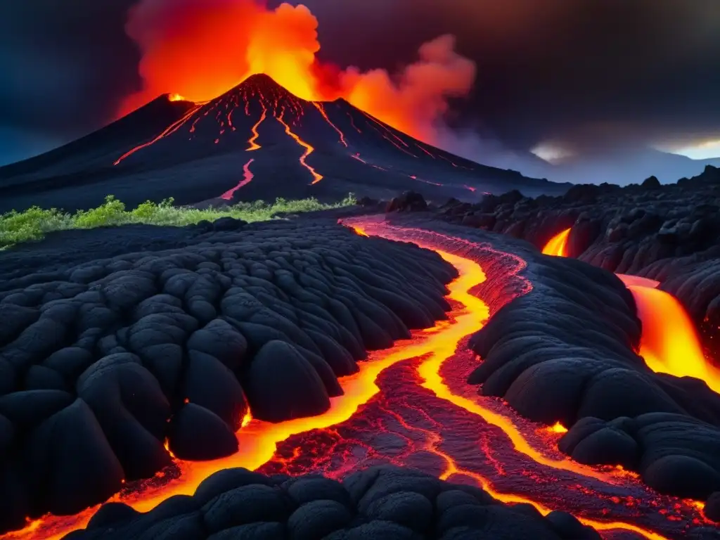 Intenso flujo de lava roja de un volcán activo, mostrando la fuerza de la naturaleza en preparación de alimentos en ambientes volcánicos