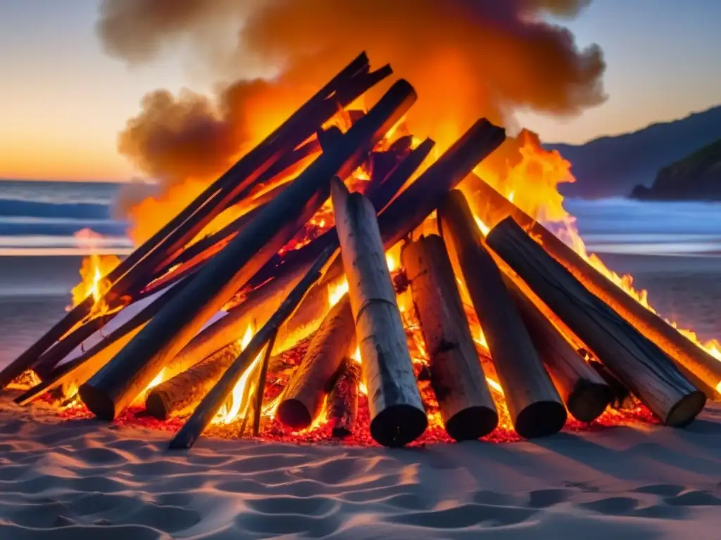 Intenso fuego de hoguera en la playa durante la celebración de San Juan, iluminando rostros en la noche