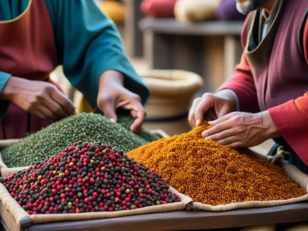 Intenso intercambio de pimienta en mercado medieval, reflejando el impacto cultural en la cocina de la época