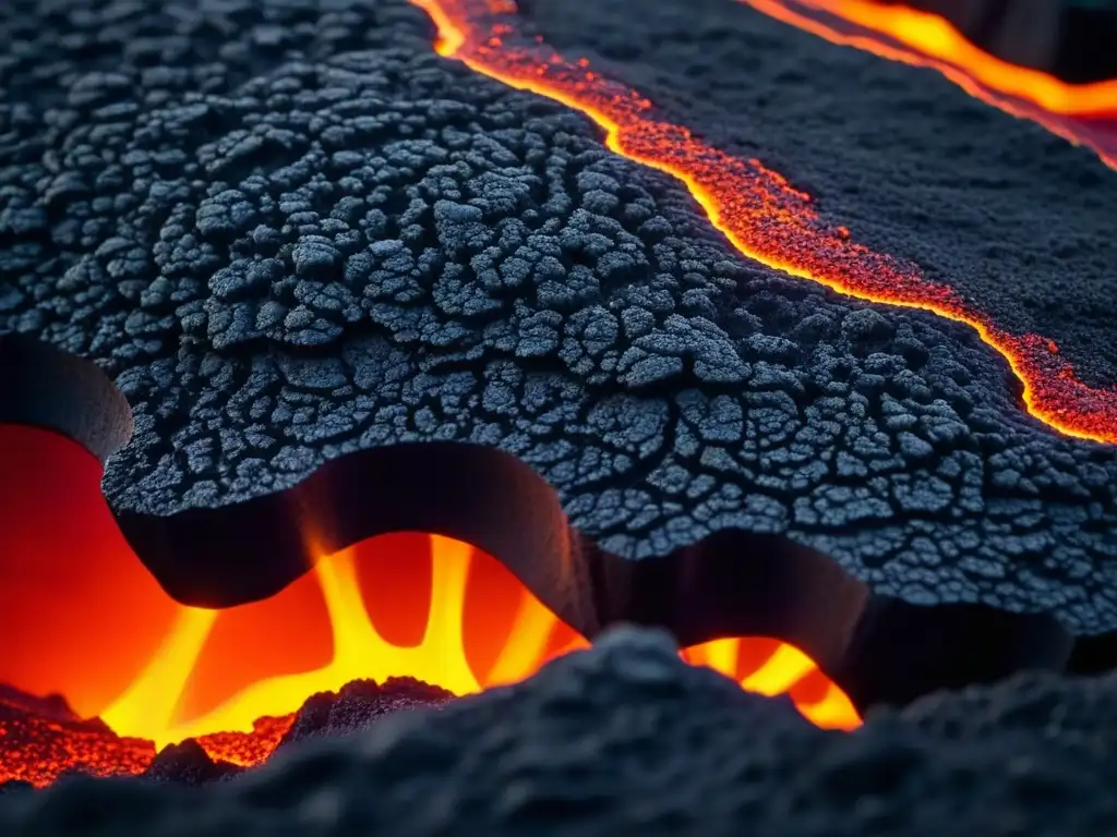 Intenso magma naranja y rojo fluye de una roca volcánica, mostrando la preparación de alimentos en ambientes volcánicos