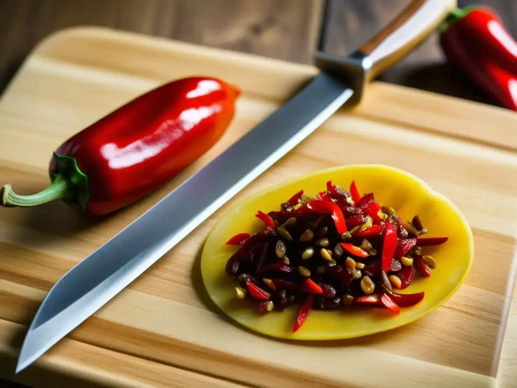 Intercambio Columbino: corte de chile rojo en tabla de madera rústica, simbolizando la fusión de sabores en la gastronomía global