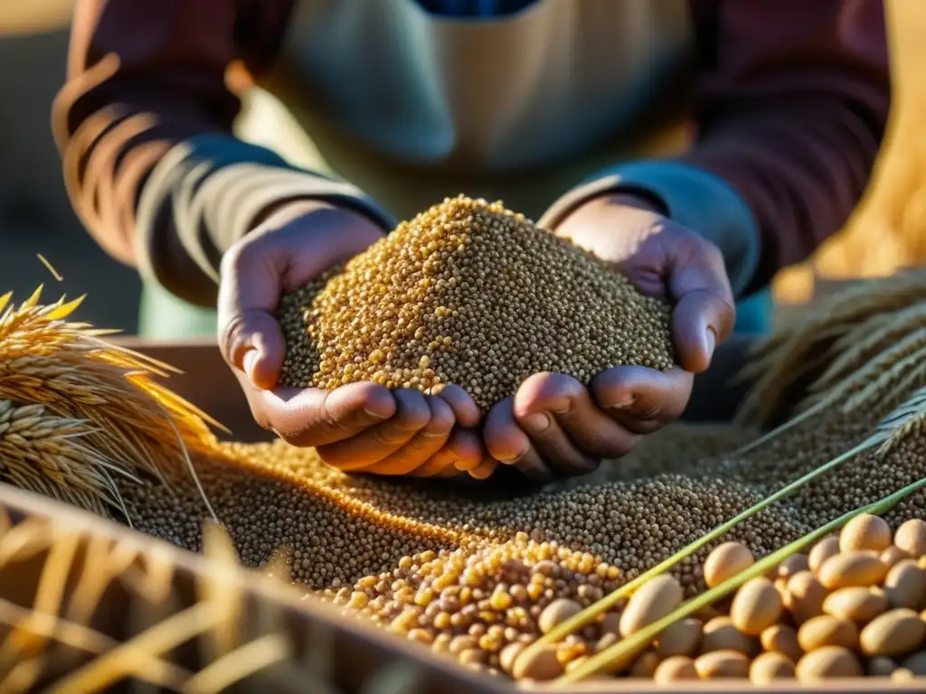 Intercambio de cultivos históricos: Un agricultor selecciona granos antiguos bajo la cálida luz del sol, resaltando su belleza y diversidad