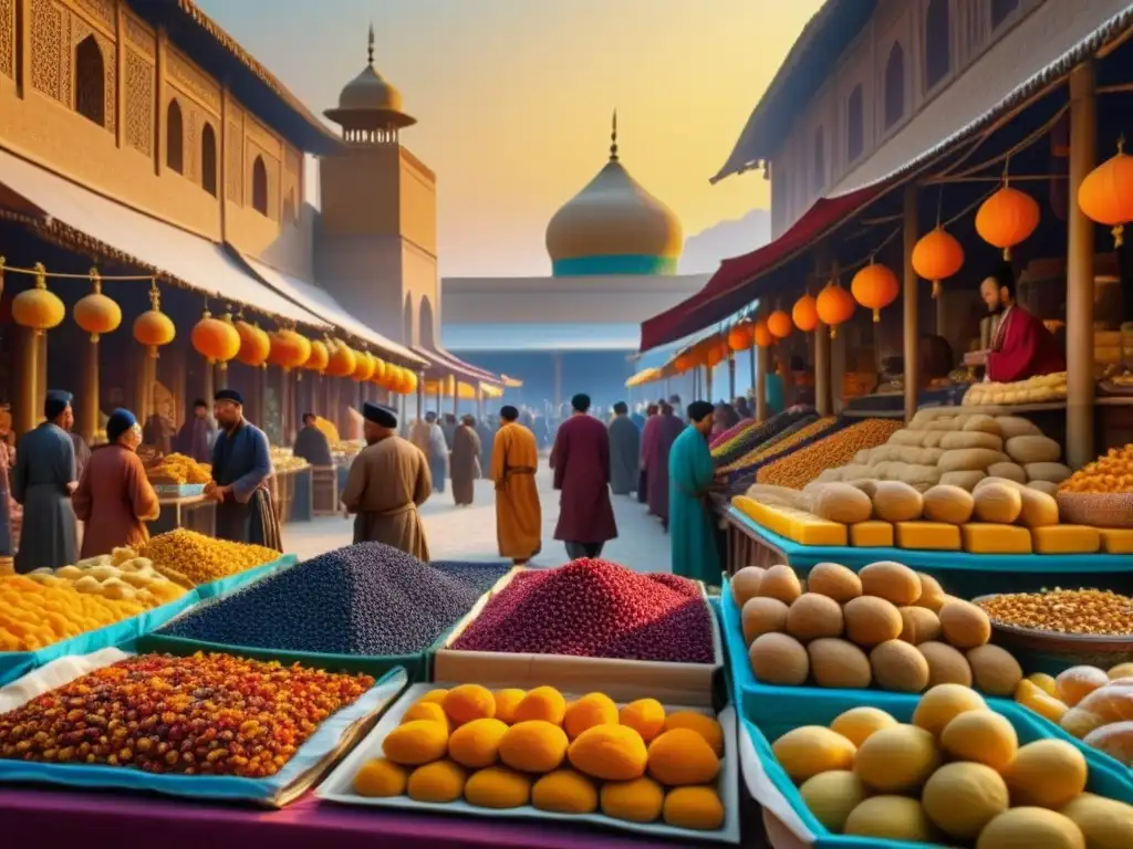 Intercambio de frutas secas histórico en un bullicioso mercado de la Ruta de la Seda al atardecer