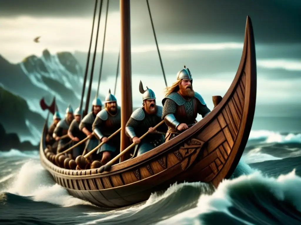 Intrépidos vikingos surcando mares con su drakkar, remando con determinación