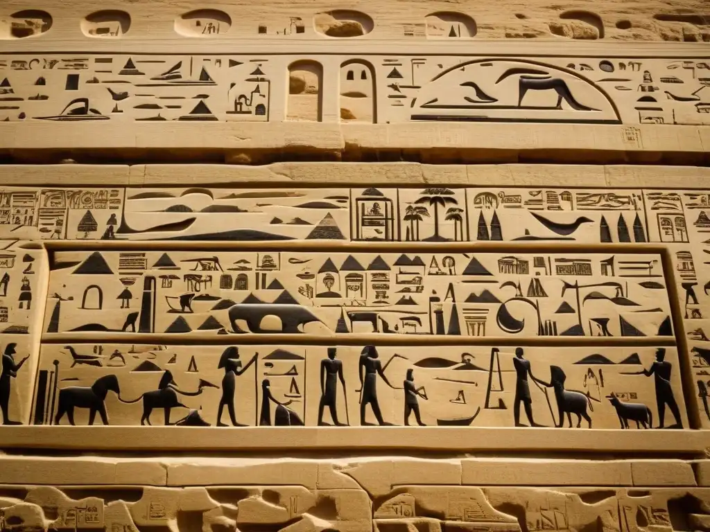 Intrincadas jeroglíficos tallados en las paredes de un antiguo depósito de agua egipcio, destacando métodos antiguos de conservación de agua