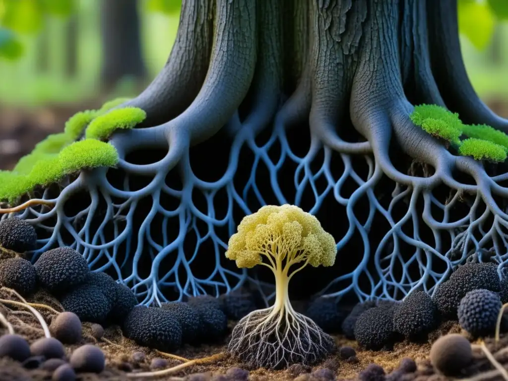 Intrincado entrelazado de hongos micorrícicos y raíces de árbol trufero, esencial para las Trufas en el Nuevo Mundo