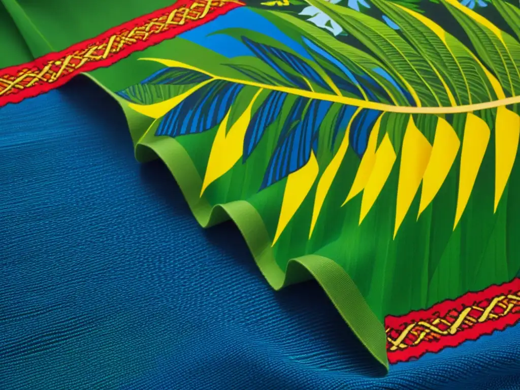 Intrincado textil caribeño con vibrantes colores y motivos tradicionales, destacando la destreza de los artesanos locales