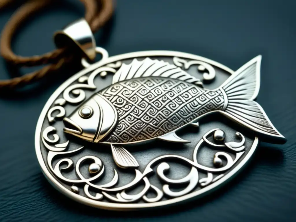Intrincado colgante vikingo de plata en forma de pez, reflejando la importancia cultural del pescado en la alimentación vikinga
