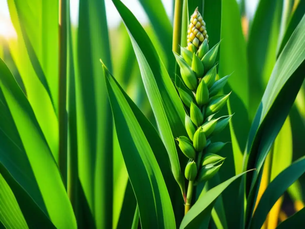 Intrincados detalles de plantas de maíz verde vibrante, resaltando la importancia cultural del maíz en la cocina prehispánica