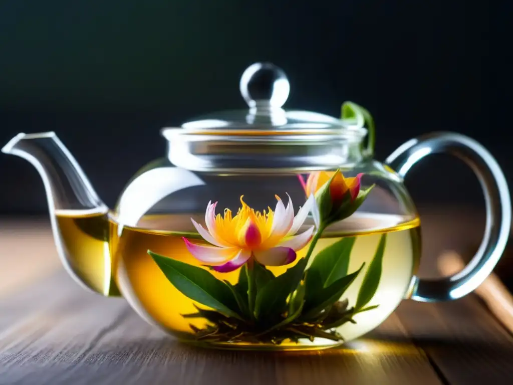 Despliegue floral: té en flor revela su arte Un té inusual: flor de té desplegándose en una tetera de vidrio, mostrando la transformación con colores vibrantes