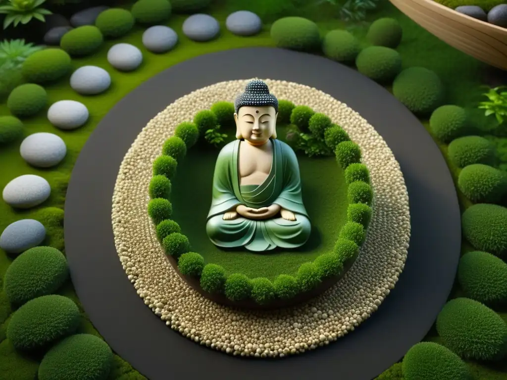 Un jardín Zen japonés meticulosamente diseñado con patrones de grava y una estatua de Buda entre el musgo