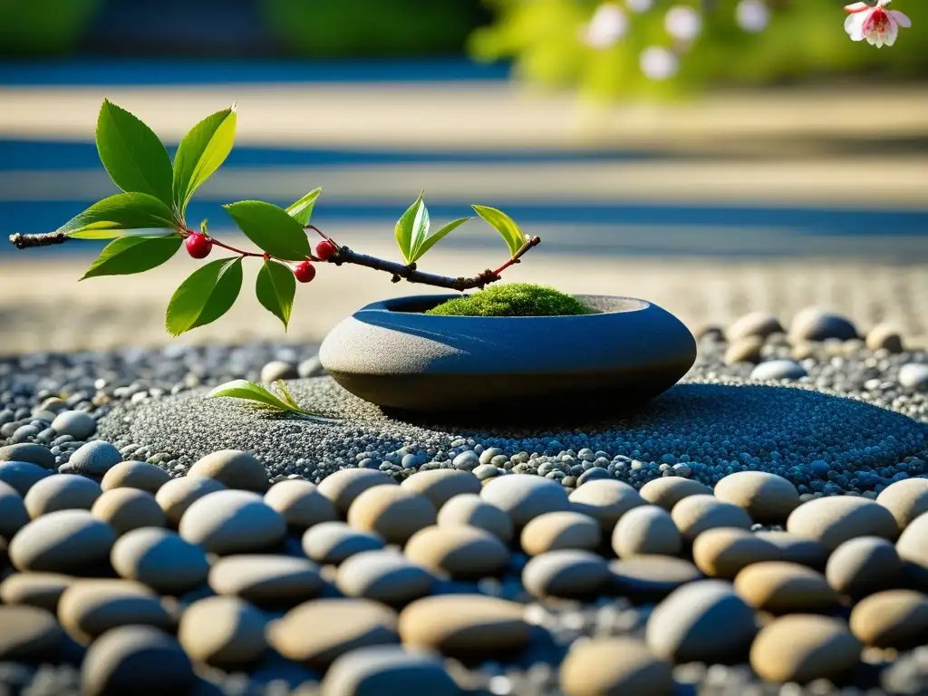 Jardín Zen japonés con patron de grava, piedras cubiertas de musgo y cerezo en flor sobre estanque cristalino