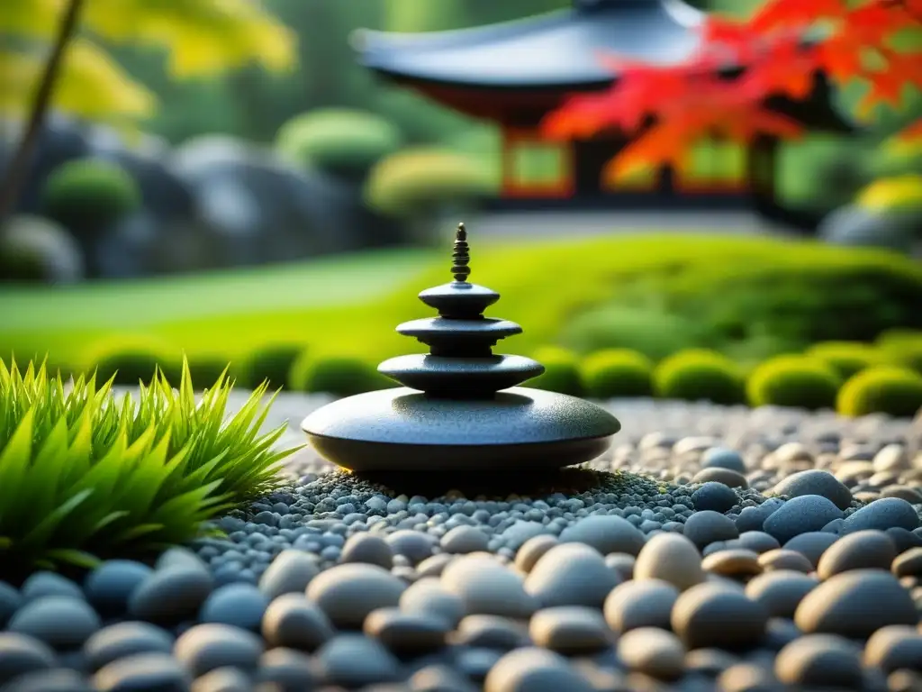 Jardín zen japonés en la mañana: patrón de grava, pagoda de piedra, musgo verde y hojas de arce