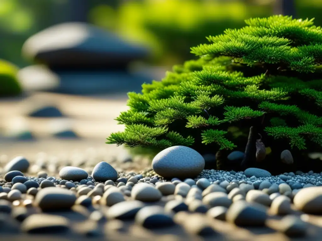 Jardín Zen japonés con patrones de grava y musgo, bañado por la luz del sol