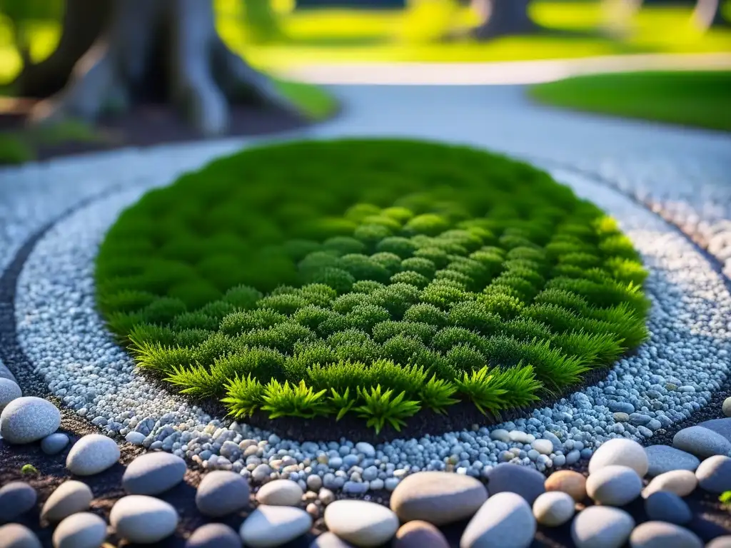 Jardín Zen japonés con patrones de grava, rocas y musgo verde